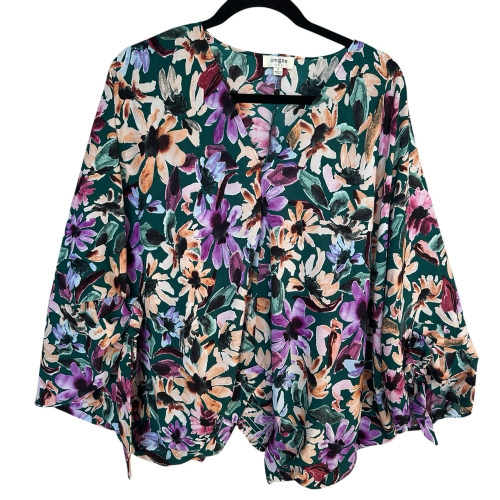 Umgee Top Shirt Blouse Women's Small Multicolor Floral Wide Sleeves V-Neck‎